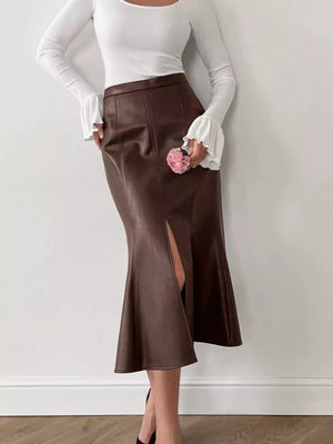 50% PU 47% Polyester 3% Spandex Care instructions: Machine wash cold midi skirt in Khaki with flared silhouette