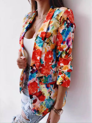 Vibrant Floral Print Open Front Blazer in Orange Red