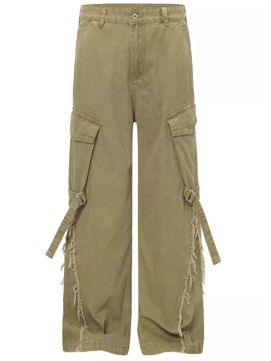 Apricot cargo pants with buckle detail, distressed hem, and multiple pockets.