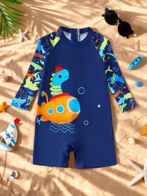 Baby boys' navy long-sleeve rash guard swimsuit with dinosaur and submarine print