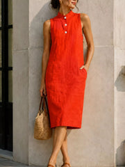Red Button Detail Sleeveless Midi Dress