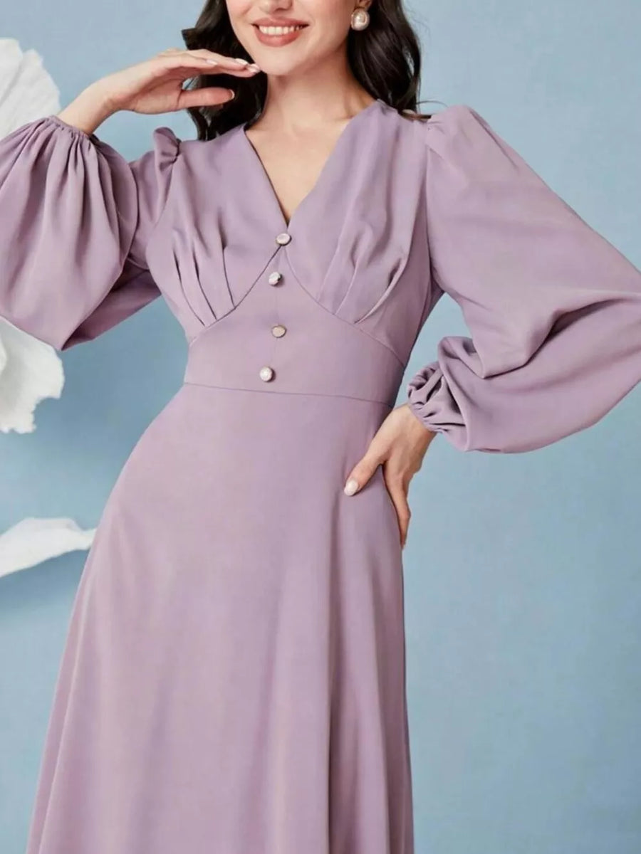 Lavender ruched maxi dress with decorative buttons and balloon sleeves