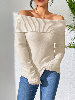 Ribbed Knit Off Shoulder Sweater in Beige