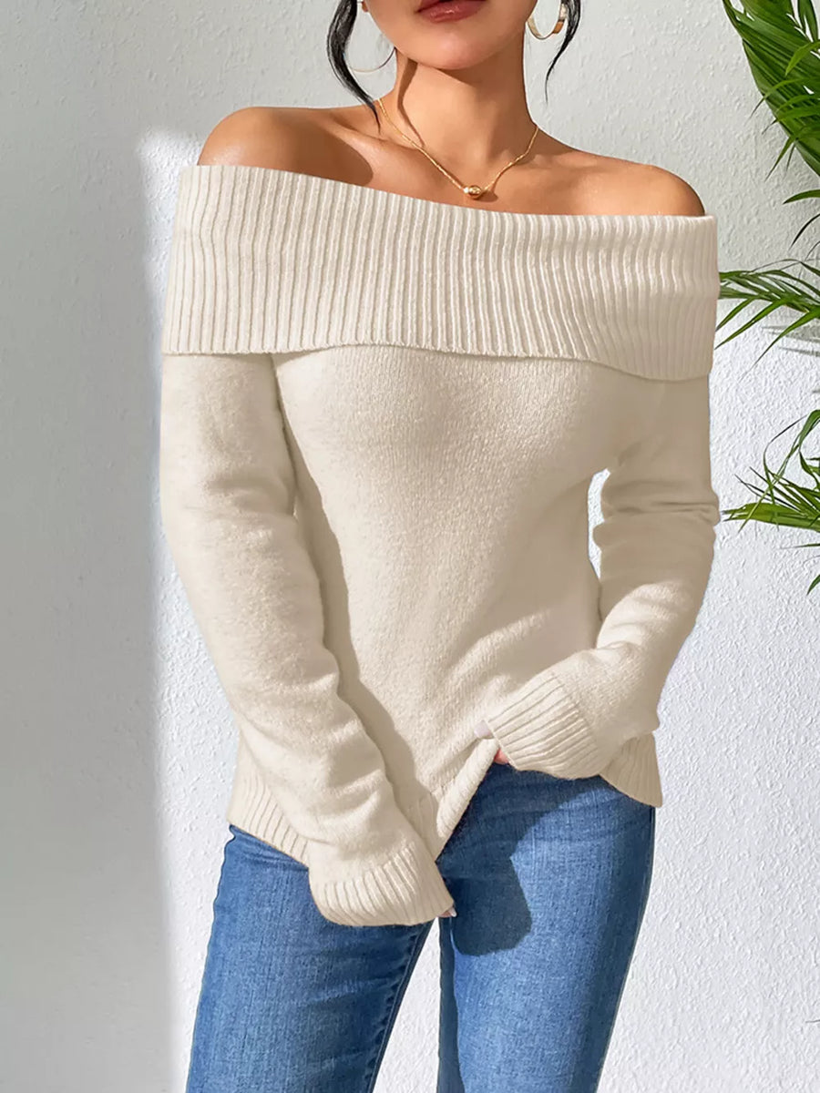 Ribbed Knit Off Shoulder Sweater in Beige