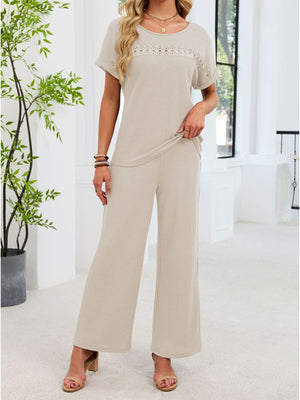 Beige lace cutout two-piece set with short sleeves and wide-leg pants