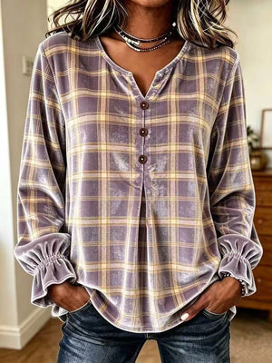 blouse in Mocha with plaid and ruffled