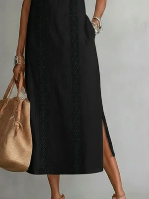 Black sleeveless midi dress with pockets and geometric trim detail