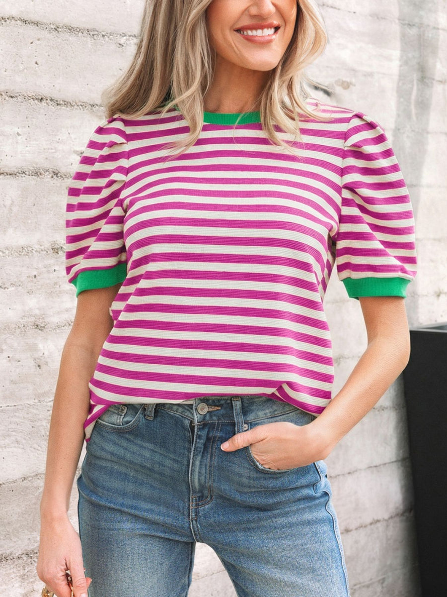 Striped puff sleeve tee with green trim and neckline, cotton blend, round neck.