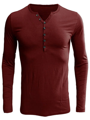 Burgundy long sleeve henley tee with button placket