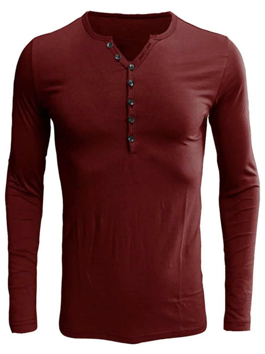 Burgundy long sleeve henley tee with button placket