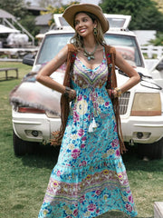 Floral tiered cami maxi dress with tassels and a tie waist in blue with pink and yellow flowers