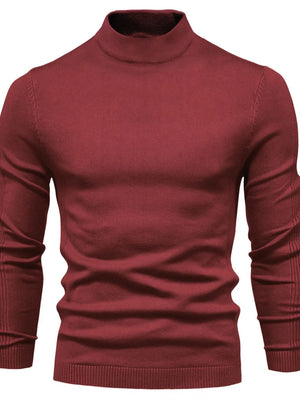 Ribbed mock neck sweater in plum purple with sculpted shoulder detail and long sleeves.