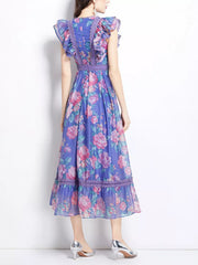 Purple floral ruffle sleeve midi dress with lace trim and tiered skirt.