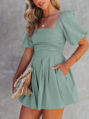 Sage ruched puff sleeve square neck cotton romper with pockets