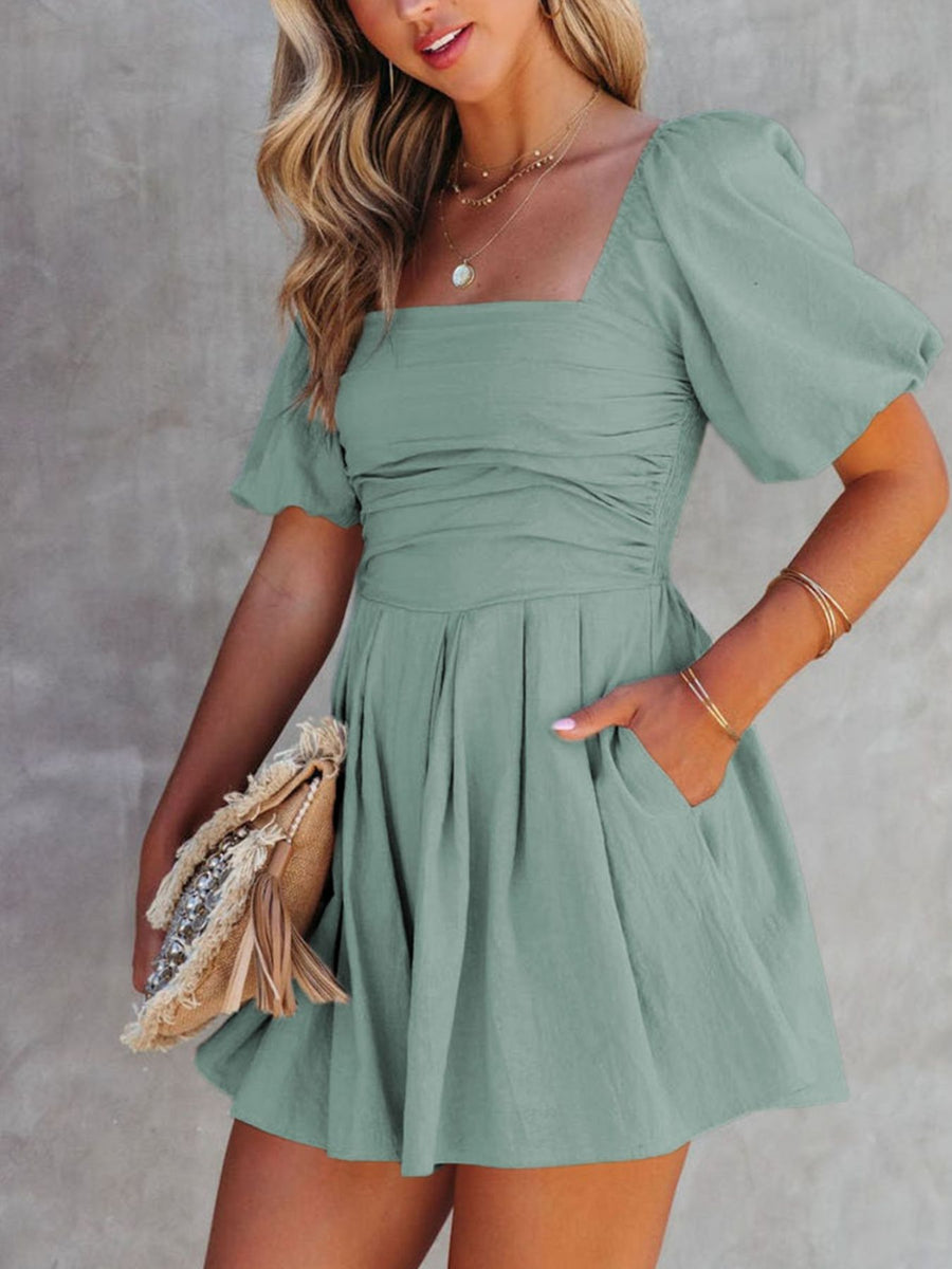 Sage ruched puff sleeve square neck cotton romper with pockets