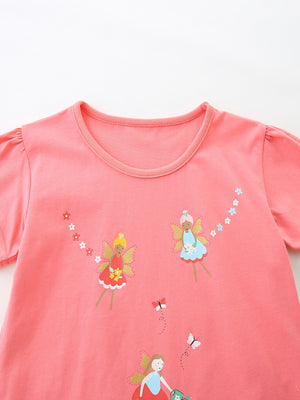 Coral cotton t-shirt with fairy graphics and puff sleeves