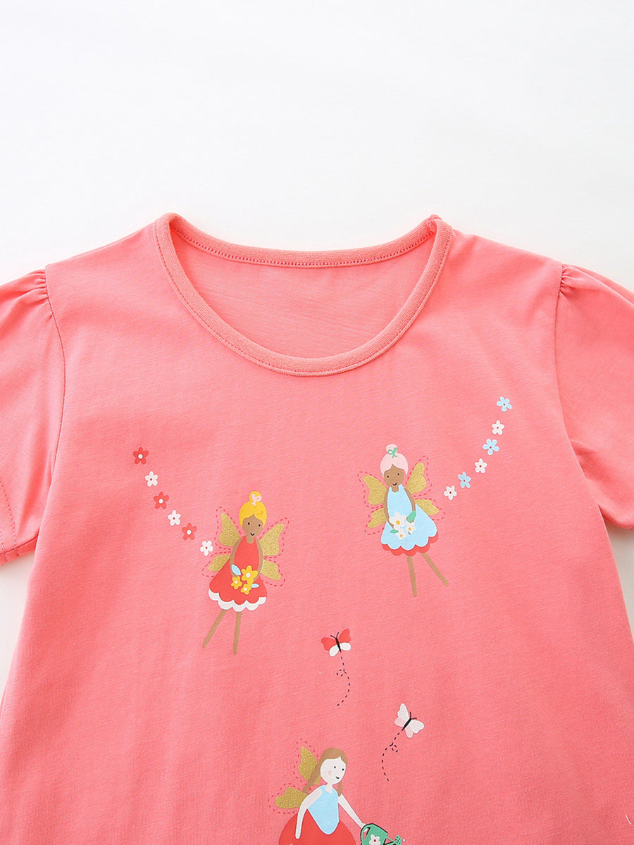 Coral cotton t-shirt with fairy graphics and puff sleeves