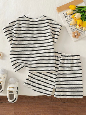 Children's Striped Round Neck Top And Shorts Set option 5