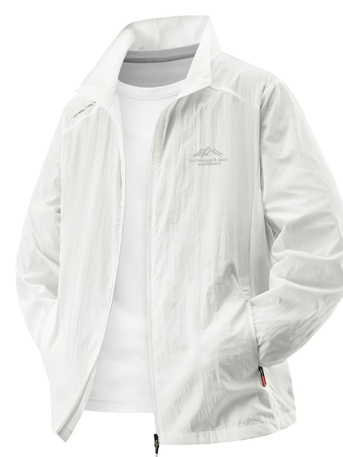 White lightweight windbreaker jacket with zip pockets and embroidered logo detail.