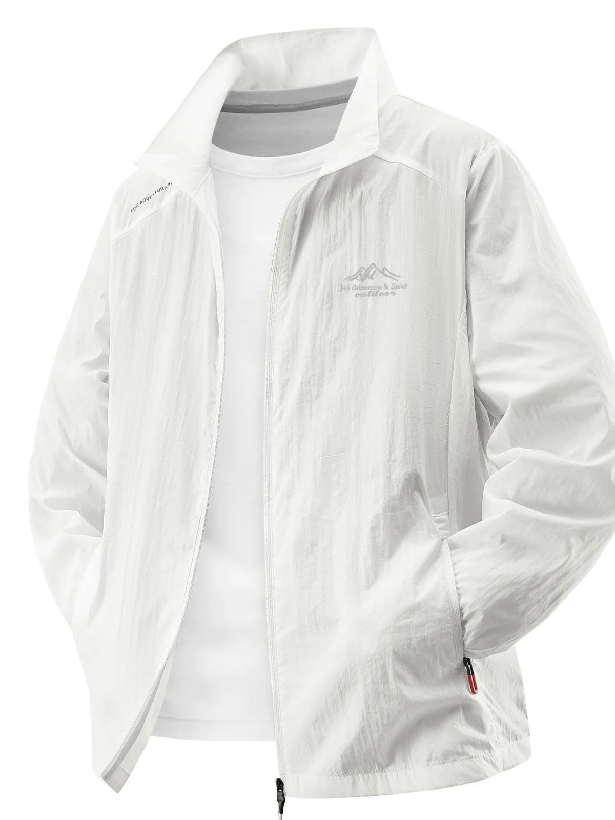 White lightweight windbreaker jacket with zip pockets and embroidered logo detail.