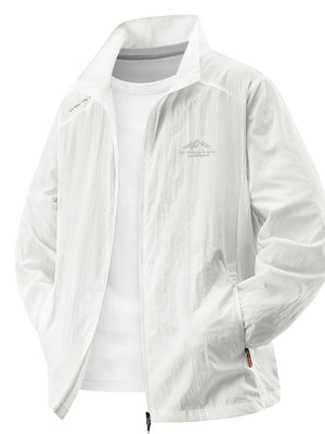 White lightweight windbreaker jacket with zip pockets and embroidered logo detail.