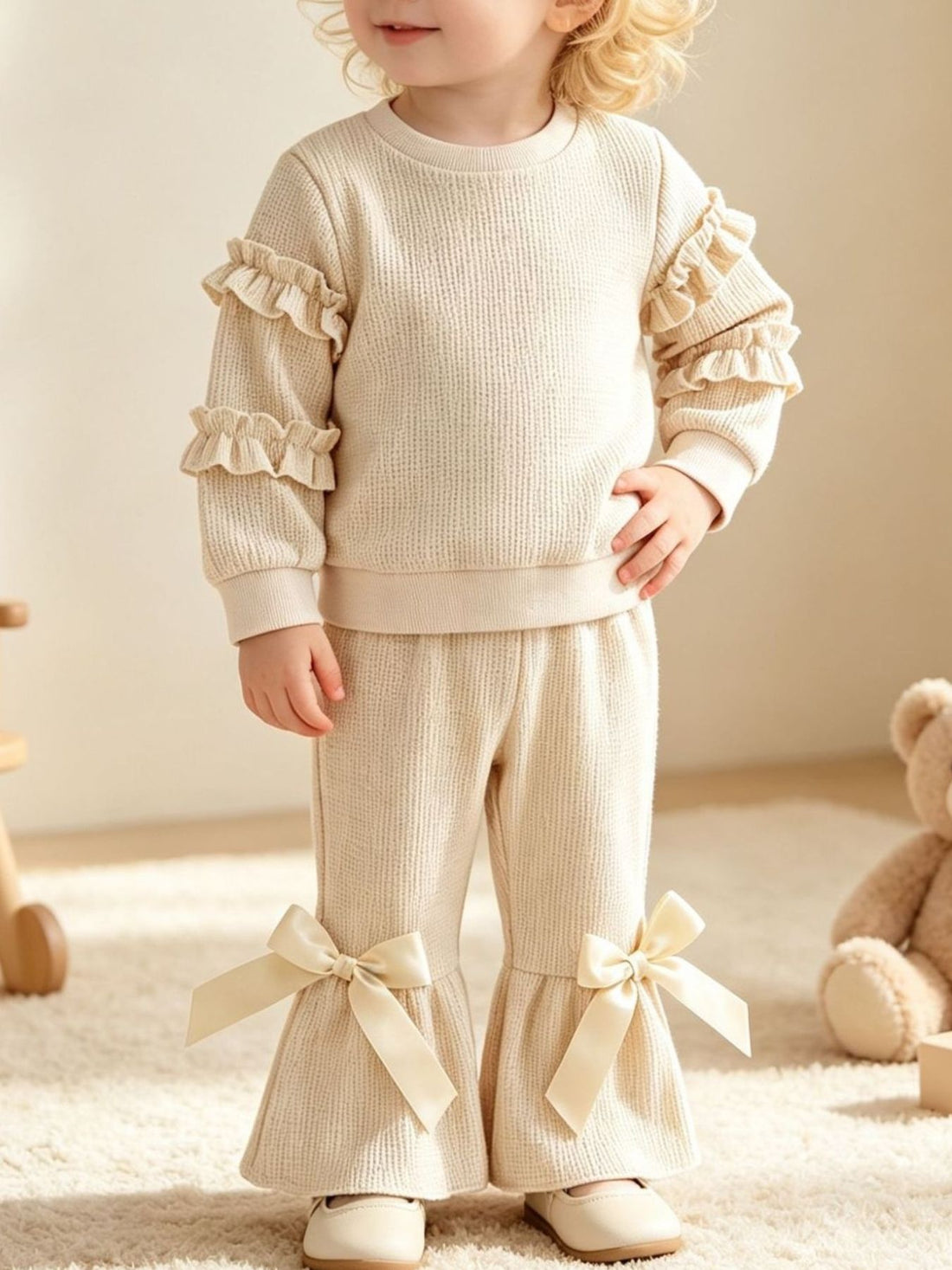 lounge set in ivory featuring ruffled sleeves and flared fit