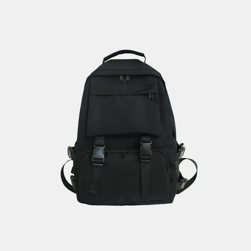 Black utility buckle backpack with multiple pockets and adjustable straps.