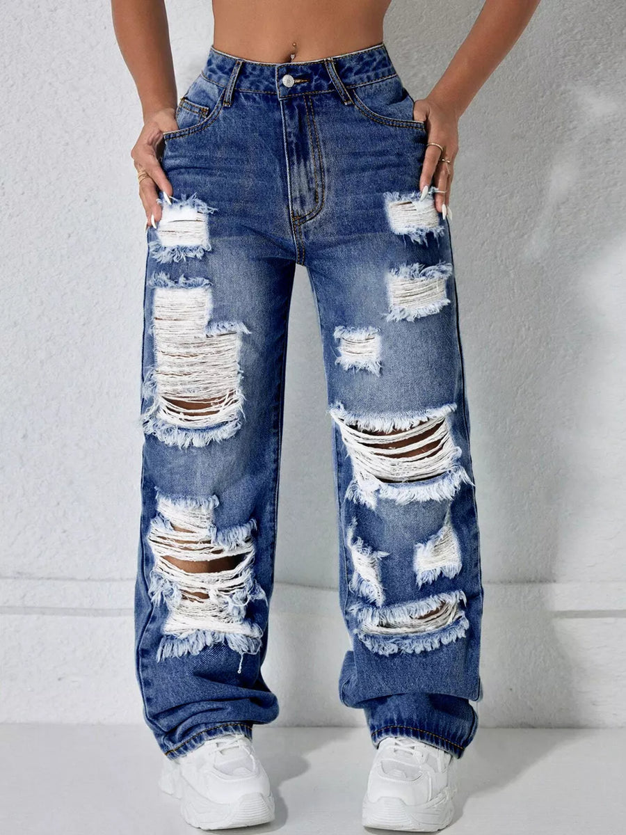 Light Blue with Distressed Wide Leg Jeans in Light Blue