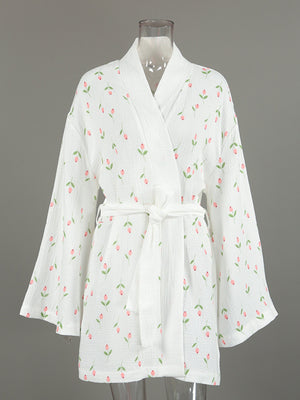 White cotton robe with pink floral print and tie waist