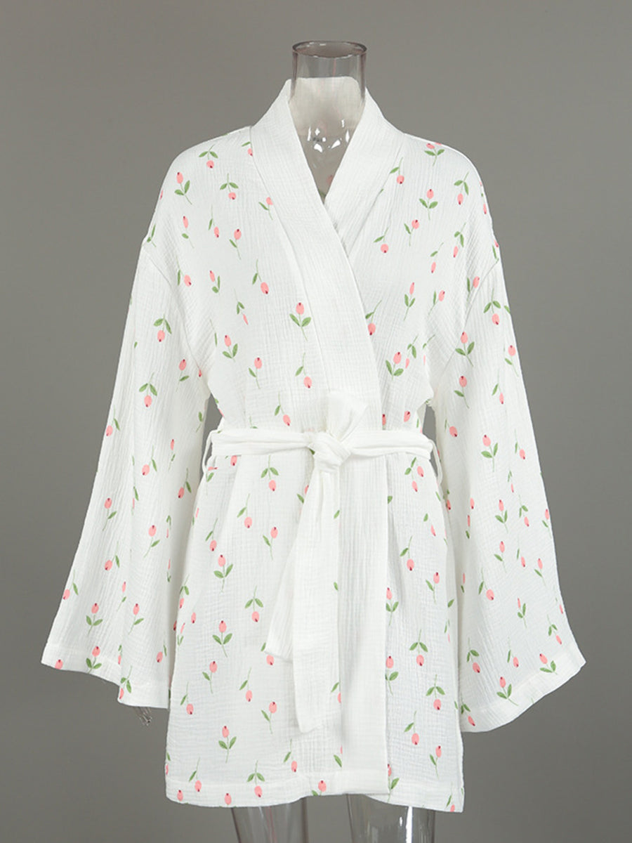 White cotton robe with pink floral print and tie waist