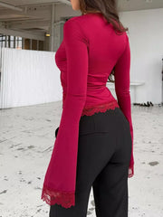 Lace-trimmed Long Sleeve Wrap T-shirt in Red with tied