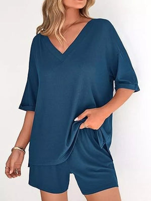 Purple Solid Color V-neck And Shorts Set
