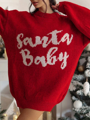 Red oversized sweater dress with white Santa Baby graphic, acrylic blend knit.