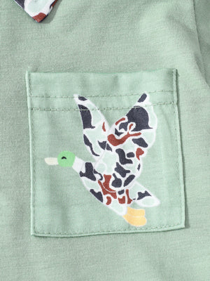 Sage baby polo with camouflage duck print pocket detail