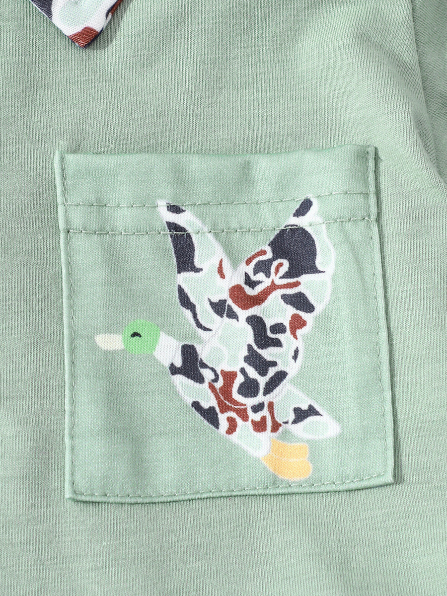 Sage baby polo with camouflage duck print pocket detail