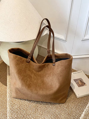 Large caramel brown suede tote bag with leather straps