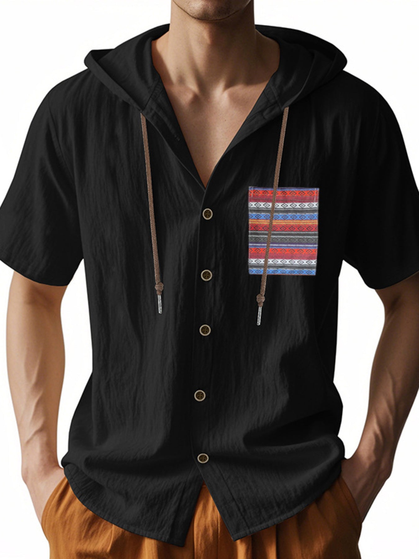 Black hooded short sleeve shirt with patterned pocket detail and drawstring hood