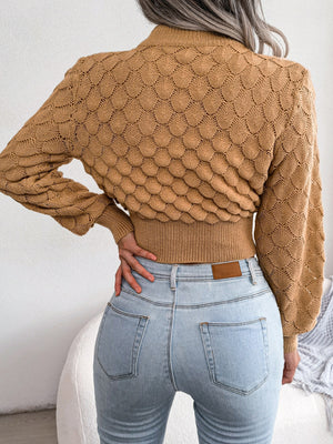 Camel mock neck sweater featuring openwork and textured knit