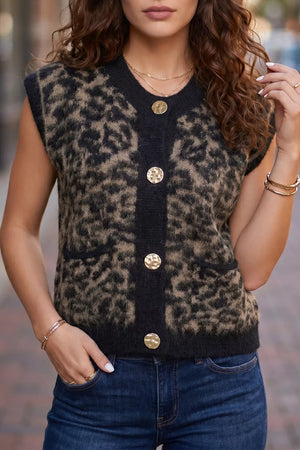 Leopard Print Knit Sleeveless Sweater Vest