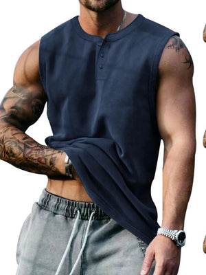Navy henley neck sleeveless muscle tank top with button detail.