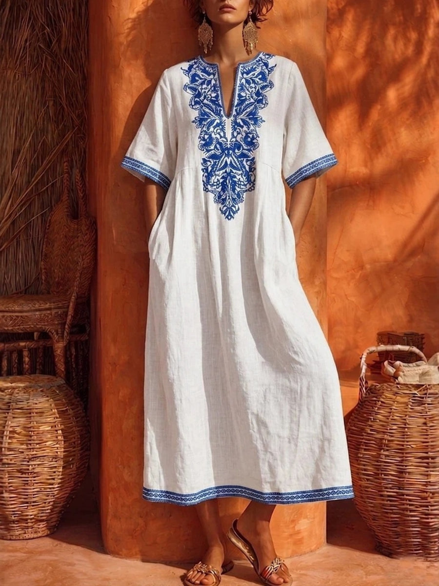 ivory midi dress with geometric and notched