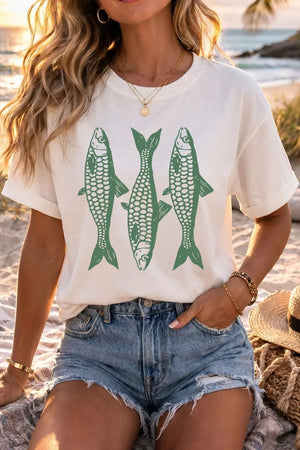 White cotton crew neck t-shirt with a green fish graphic print