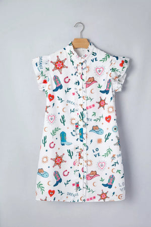 White western print mini dress with flutter sleeves and button-down front.