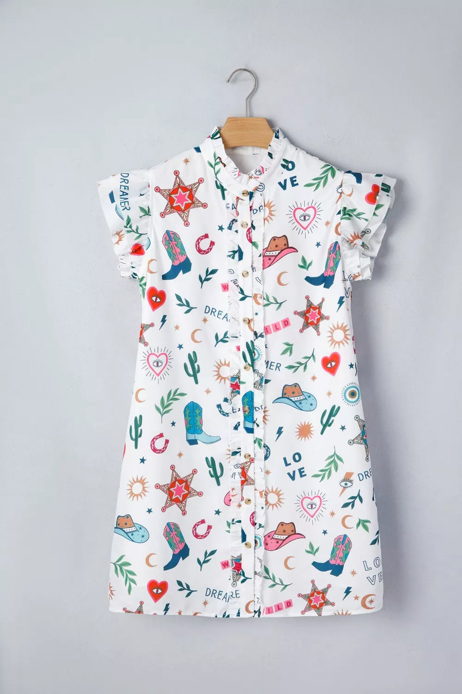 White western print mini dress with flutter sleeves and button-down front.