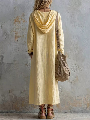 Yellow Long Sleeve Hooded Midi Dress With Pockets