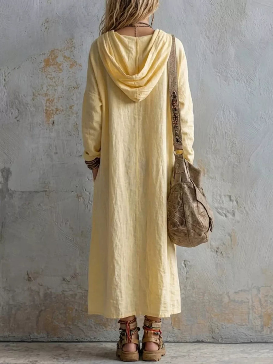 Yellow Long Sleeve Hooded Midi Dress With Pockets
