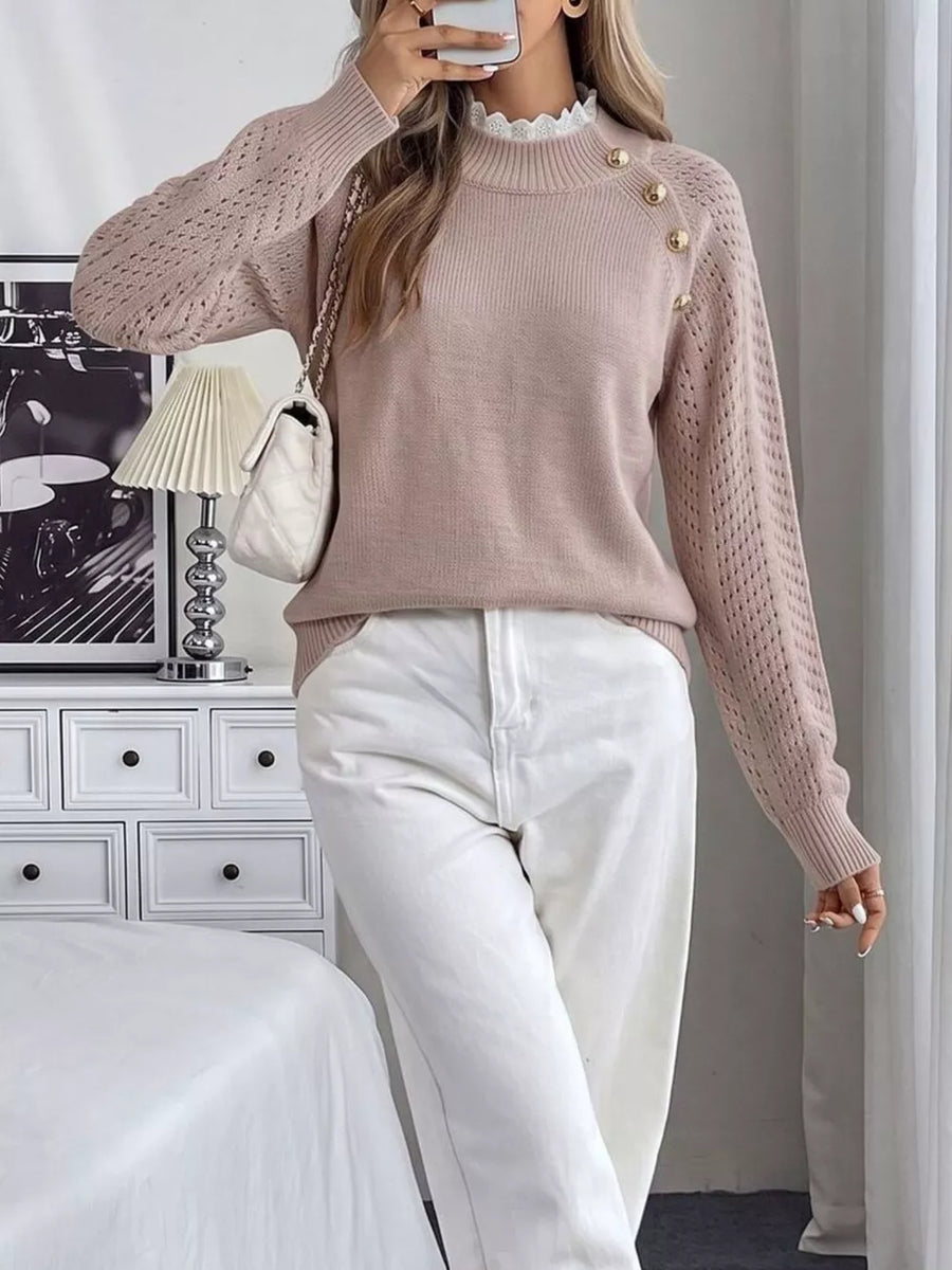 mock neck sweater in Pink with openwork and lace detail