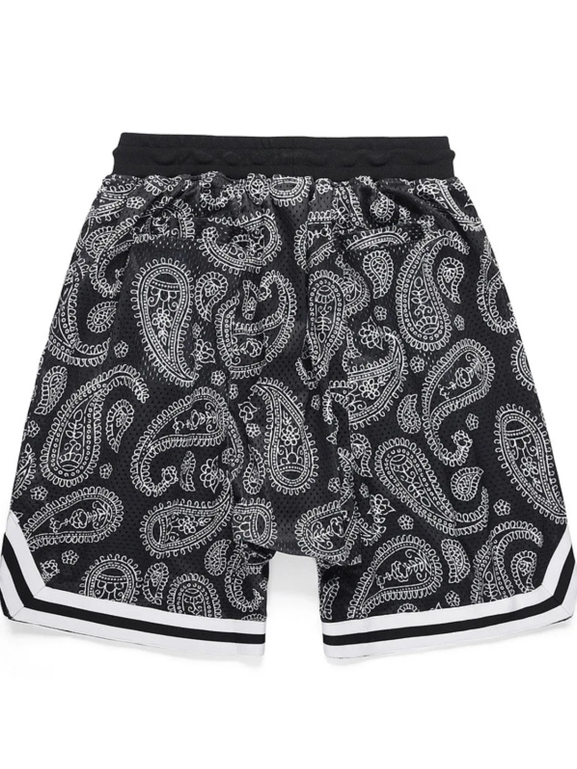 Paisley mesh basketball shorts in black with white accents and striped trim.