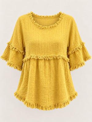 Full Size Frayed Edge Textured Blouse Plus Size in Yellow with fringe