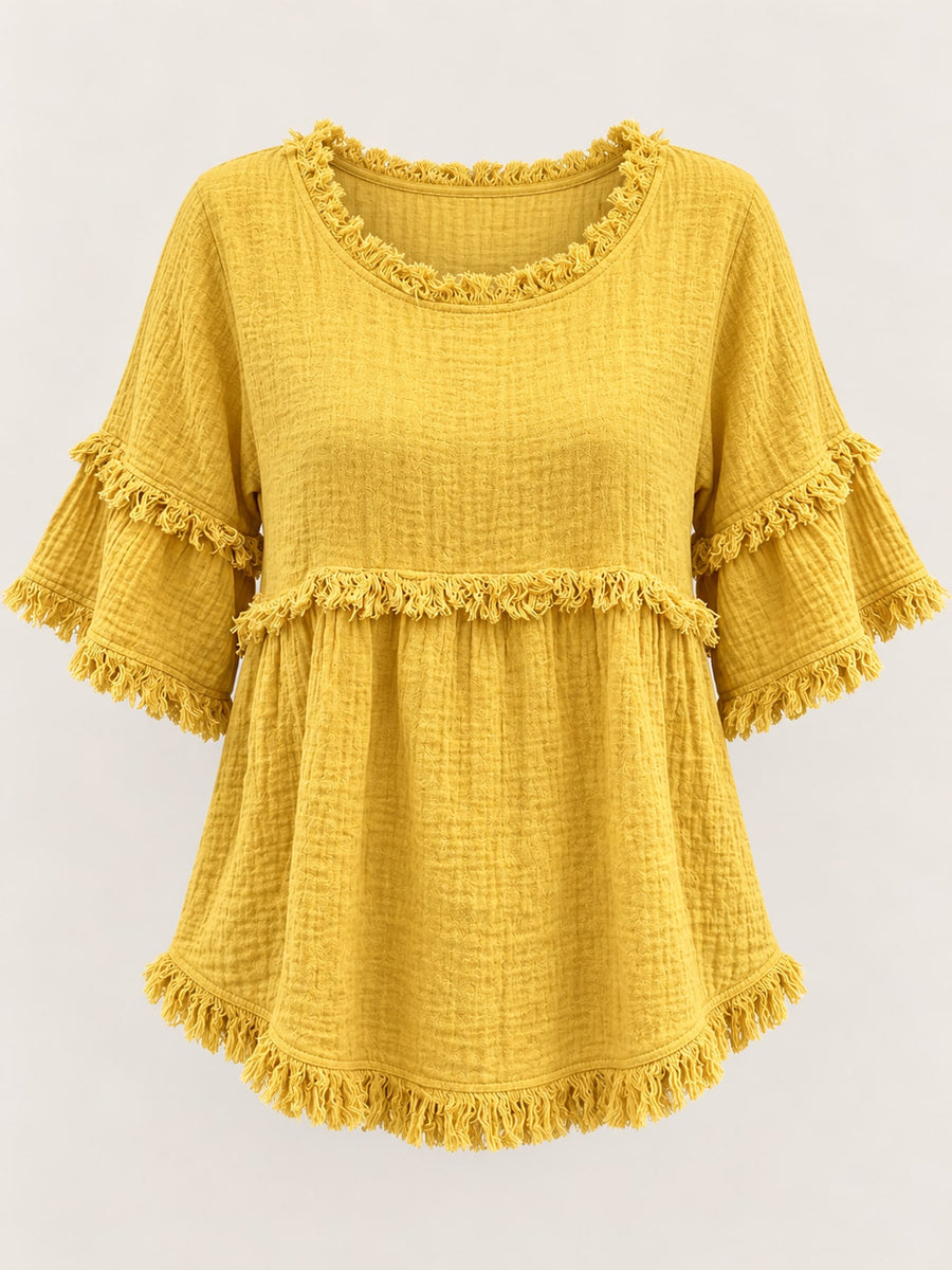 Full Size Frayed Edge Textured Blouse Plus Size in Yellow with fringe